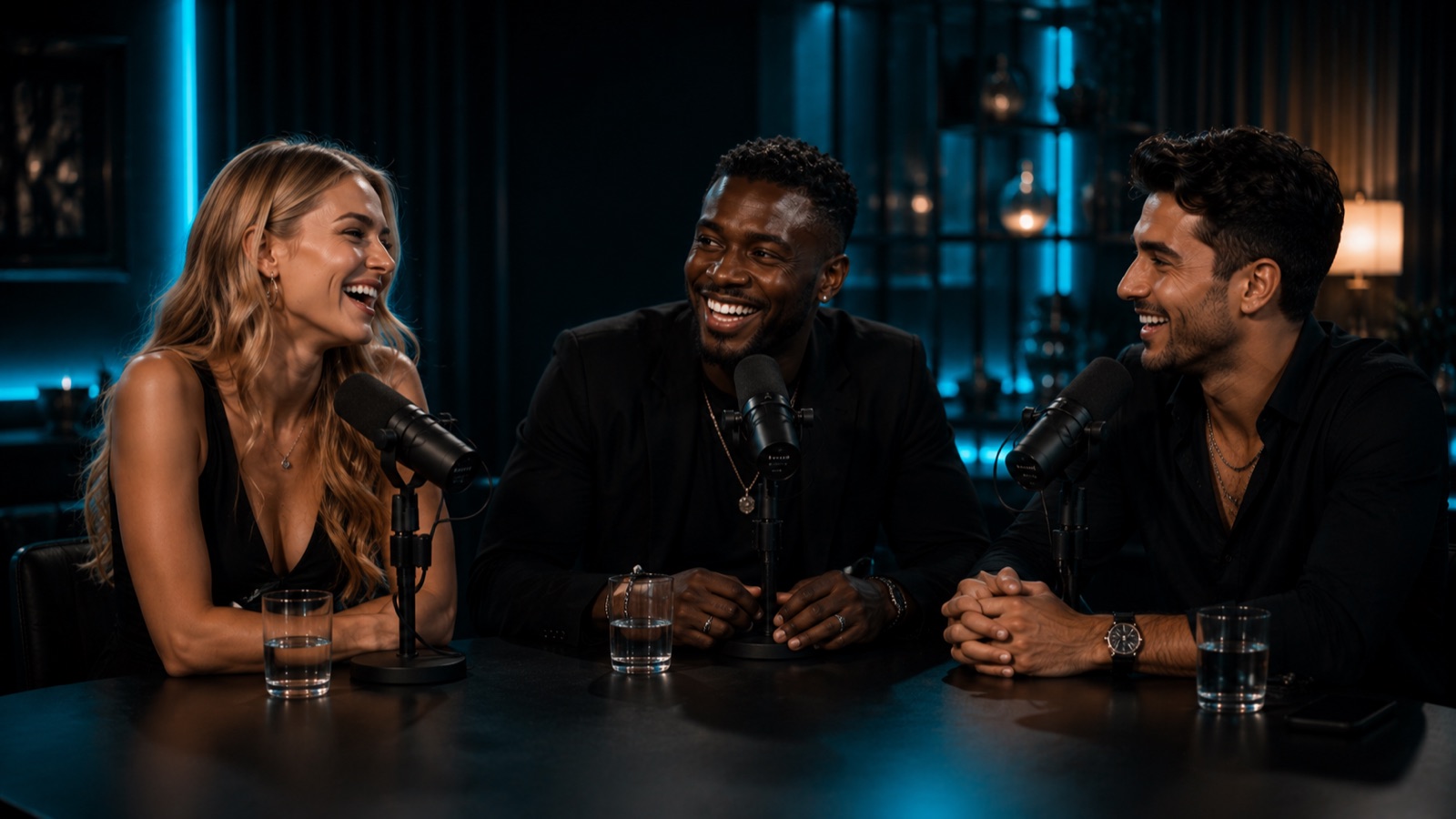 Drei Gäste lachen während einer Podcast-Aufnahme im AREO Studio