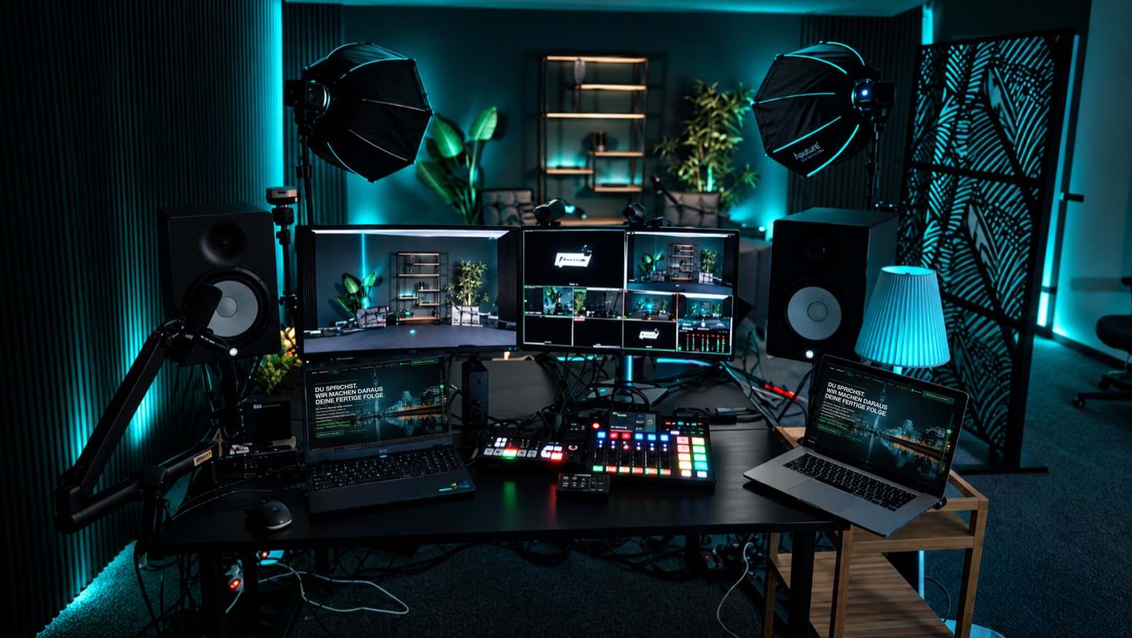 Regieplatz im AREO Podcast Studio Düsseldorf mit RØDECaster Pro II, Bildmischer und Live-Ansicht aller Kameras
