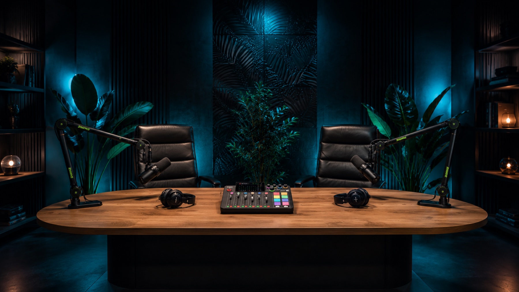AREO Podcast Studio Düsseldorf — Shure SM7dB Mikrofone und RODECaster am ovalen Holztisch