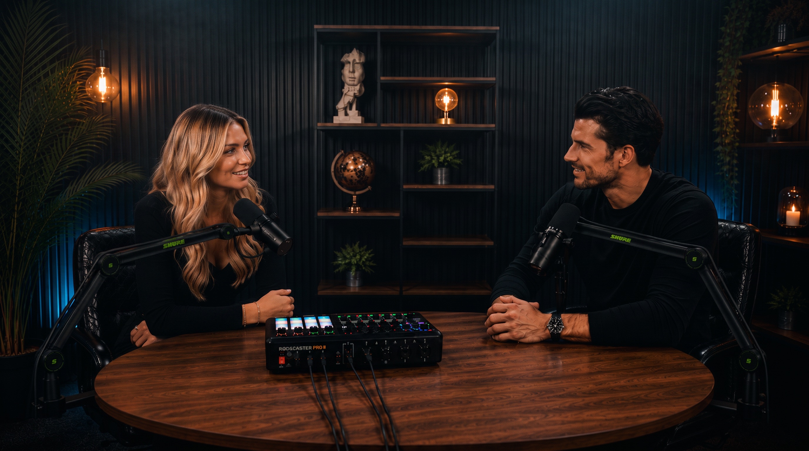 Podcast-Aufnahme zu zweit am RØDECaster Pro II mit Shure SM7dB Mikrofonen im AREO Podcast Studio Düsseldorf